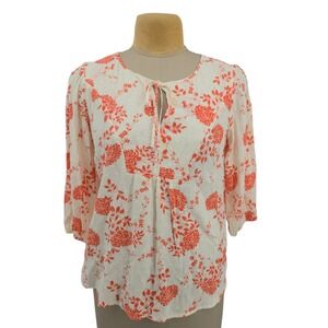 Papermoon Floral Blouse Women M Orange White Swiss Dot Top Feminine Lightweight